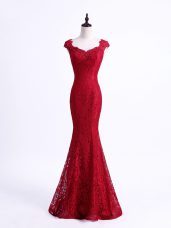 Sleeveless Floor Length Lace Lace Up Celebrity Inspired Dress with Red