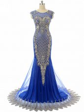 Royal Blue Prom Dress Tulle Sleeveless Beading and Lace and Appliques