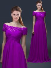 Artistic Empire Mother of Groom Dress Purple Off The Shoulder Chiffon Short Sleeves Floor Length Lace Up