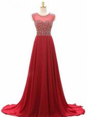 On Sale Wine Red Chiffon Lace Up Scoop Sleeveless Dress Like A Star Brush Train Beading