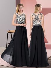 Black Empire Appliques Evening Dress Zipper Chiffon Sleeveless Floor Length