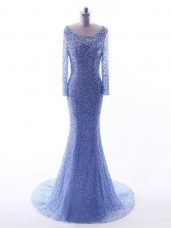 Dynamic Blue Evening Gowns Tulle Brush Train Long Sleeves Sequins