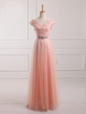 Modern Peach V-neck Lace Up Beading and Lace and Appliques Mother of Bride Dresses Short Sleeves