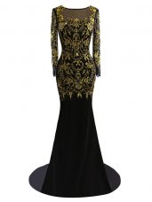 Black Column/Sheath Chiffon Scoop Long Sleeves Beading Zipper Formal Evening Gowns Brush Train