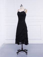 Black Chiffon Zipper Straps Sleeveless Tea Length Mother of the Bride Dress Lace and Appliques