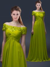 Sweet Olive Green A-line Appliques Mother Dresses Lace Up Satin Short Sleeves Floor Length