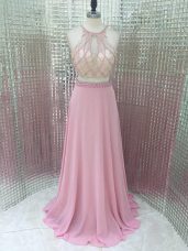 Superior Chiffon Sleeveless Brush Train Zipper Beading Evening Gowns in Pink