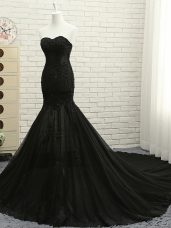 Fabulous Tulle Sweetheart Sleeveless Court Train Lace Up Lace and Appliques Dress for Prom in Black