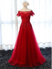 Perfect Floor Length Wine Red Prom Evening Gown Scalloped Short Sleeves Lace Up