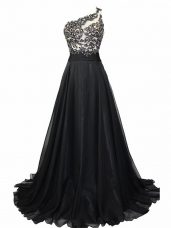 Black Chiffon Side Zipper Evening Gowns Sleeveless Brush Train Beading and Lace