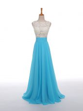 Baby Blue Chiffon Side Zipper Prom Dress Sleeveless Floor Length Lace and Appliques