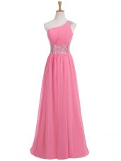 Floor Length Rose Pink Prom Evening Gown One Shoulder Sleeveless Backless