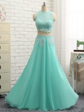 Apple Green Chiffon Side Zipper High-neck Sleeveless Mini Length Dress Like A Star Lace and Appliques