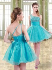 Aqua Blue Organza Zipper One Shoulder Sleeveless Mini Length Cocktail Dress Beading