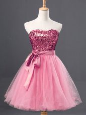 Rose Pink Sweetheart Neckline Sequins Prom Party Dress Sleeveless Zipper