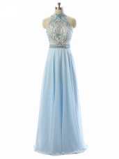 Light Blue Backless Evening Dresses Beading Sleeveless Floor Length