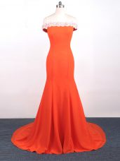 Smart Orange Red Womens Evening Dresses Prom and Party and Military Ball and Sweet 16 with Lace and Appliques Straps Sleeveless Watteau Train Side Zipper