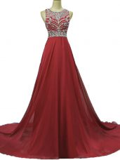 Burgundy Column/Sheath Beading Evening Gowns Backless Chiffon Sleeveless