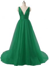 Ruching Evening Gowns Dark Green Backless Sleeveless Brush Train