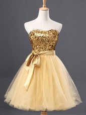 Gold A-line Tulle Sweetheart Sleeveless Sequins Mini Length Zipper Prom Dresses