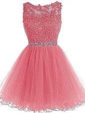 Pink Zipper Scoop Beading and Lace and Appliques and Ruffles Homecoming Dress Tulle Sleeveless