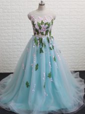 Tulle Sleeveless Pageant Dress for Teens Brush Train and Appliques