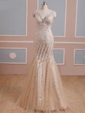 Champagne V-neck Criss Cross Beading Going Out Dresses Brush Train Sleeveless