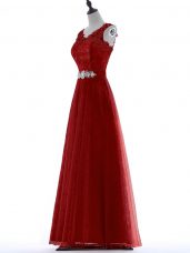 Exceptional Floor Length Red Evening Party Dresses V-neck Short Sleeves Zipper