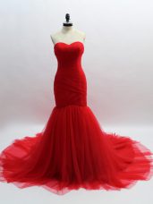 Red Tulle Brush Train Sleeveless Ruching