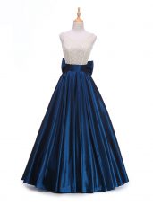 Unique Navy Blue Taffeta Backless Scoop Sleeveless Floor Length Evening Dress Beading and Bowknot