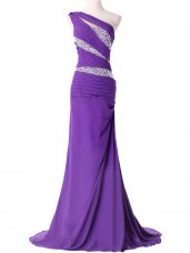 Captivating Brush Train Column/Sheath Prom Evening Gown Purple One Shoulder Chiffon Sleeveless Lace Up