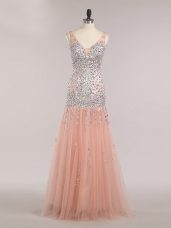 Dazzling V-neck Sleeveless Zipper Pageant Dresses Peach Tulle