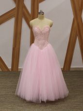 Smart Floor Length Baby Pink High School Pageant Dress Tulle Sleeveless Beading