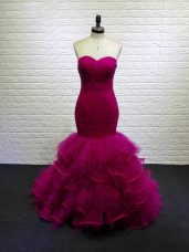 Fabulous Mermaid Sleeveless Fuchsia Pageant Dress Wholesale Brush Train Lace Up