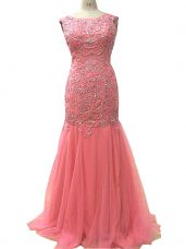 Mermaid Juniors Evening Dress Watermelon Red Scoop Tulle Sleeveless Floor Length Zipper