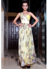 Amazing Light Yellow Column/Sheath One Shoulder Sleeveless Chiffon Floor Length Side Zipper Beading and Pattern Prom Gown