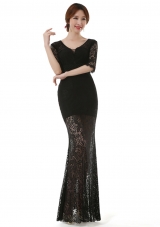 Fitting Column/Sheath Prom Evening Gown Black Scoop Lace Half Sleeves Ankle Length Zipper