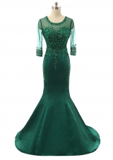 Green Mermaid Satin Scoop 3|4 Length Sleeve Beading Zipper Prom Gown Brush Train