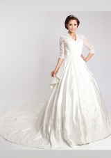 V-neck 3|4 Length Sleeve Cathedral Train Clasp Handle Wedding Dresses White Chiffon