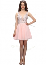 Cute Baby Pink V-neck Neckline Beading Evening Dress Sleeveless Zipper