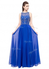 Fashion Royal Blue Column/Sheath Chiffon Scoop Sleeveless Beading Floor Length Zipper Prom Party Dress