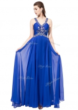 Royal Blue Chiffon Criss Cross Evening Dress Sleeveless With Train Sweep Train Beading