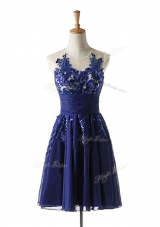 A-line Prom Dress Navy Blue Scoop Chiffon Sleeveless Knee Length Backless