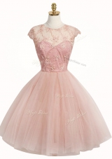 Adorable Scoop Knee Length Pink Prom Dresses Tulle Cap Sleeves Appliques