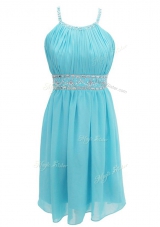 Charming A-line Prom Evening Gown Aqua Blue Halter Top Chiffon Sleeveless Knee Length Criss Cross