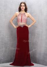 Colorful Scoop Criss Cross With Train Burgundy Evening Dress Silk Like Satin Sweep Train Sleeveless Beading