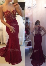 Fantastic Mermaid Scoop Sleeveless Court Train Zipper Prom Dresses Burgundy Chiffon