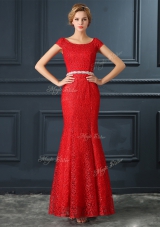 Fashion Mermaid Red Scoop Neckline Beading Prom Party Dress Cap Sleeves Lace Up