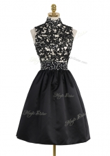 Ideal Black A-line Beading and Appliques Prom Gown Zipper Satin Sleeveless Mini Length