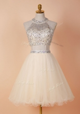 Popular Scoop Backless Tulle Sleeveless Knee Length Evening Dress and Beading